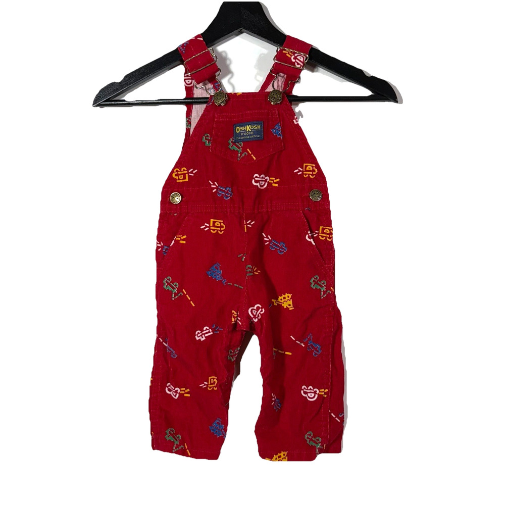 Vintage 80s OshKosh Bib Overalls Vestbak Corduroy Red Trucks Vehicles Boys 6/9mo